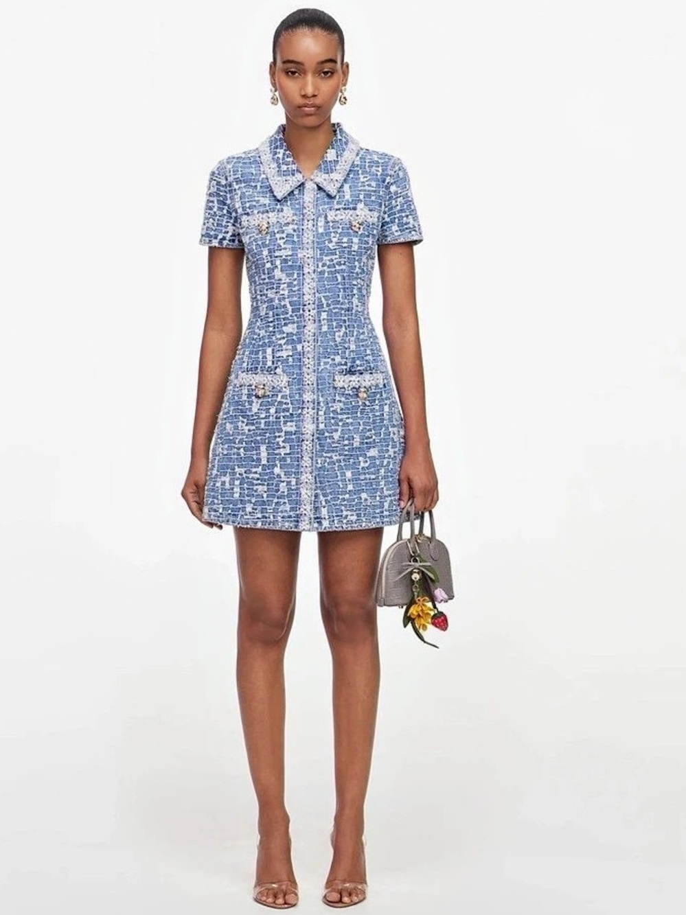NWOT Self-Portrait BLUE COLLARED TEXTURED DENIM MINI DRESS